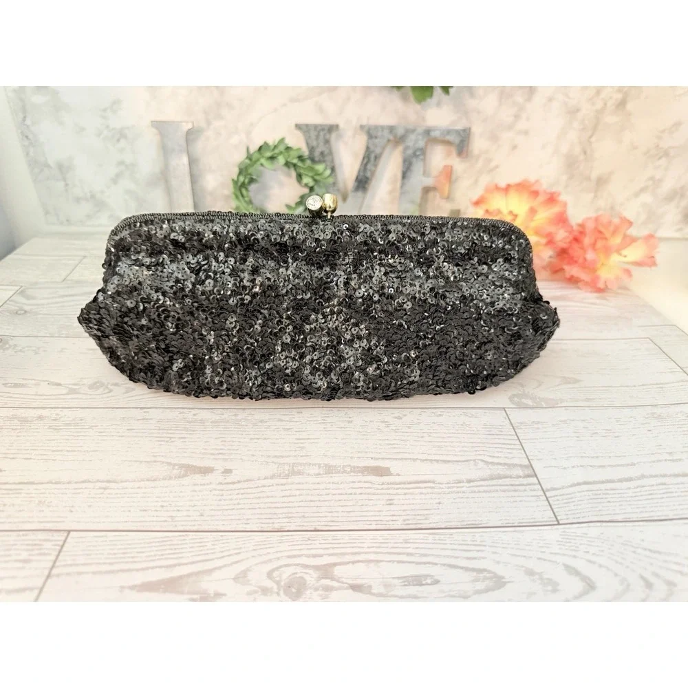 Vtg Magid Black Beaded Clutch Evening Purse Bag Made in Japan With 2 Side Mirror